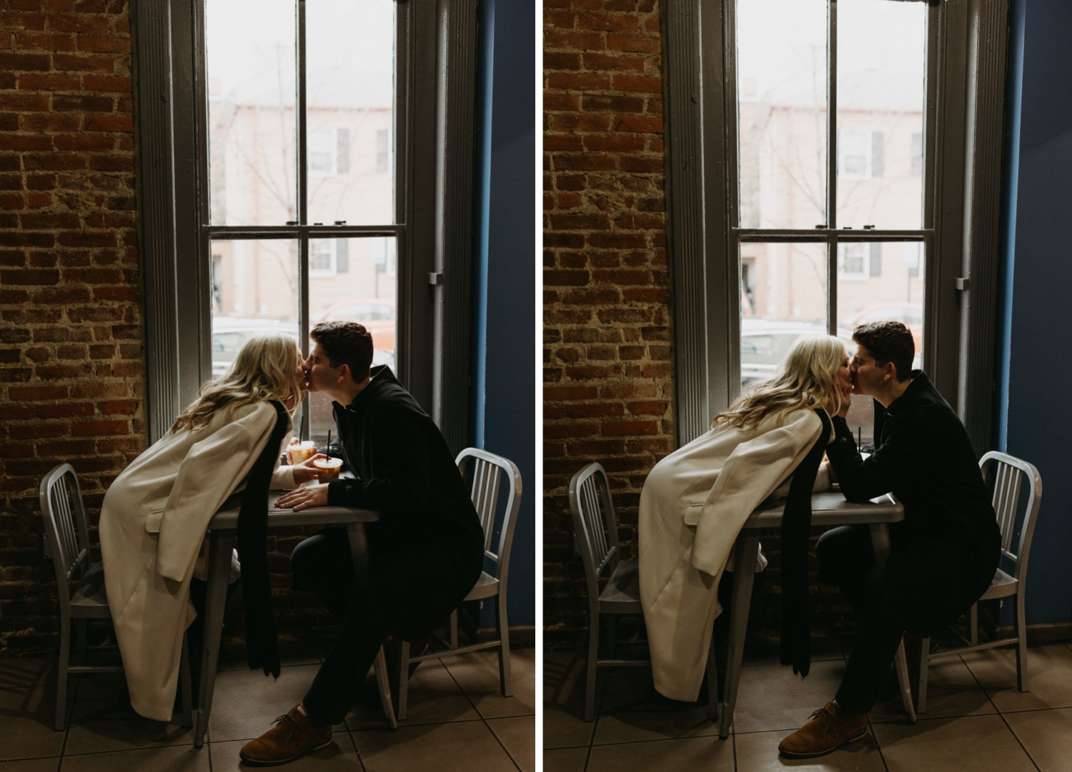 couple kissing at coffee shop