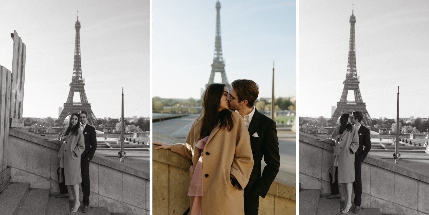 couple kissing on their honeymoon in paris