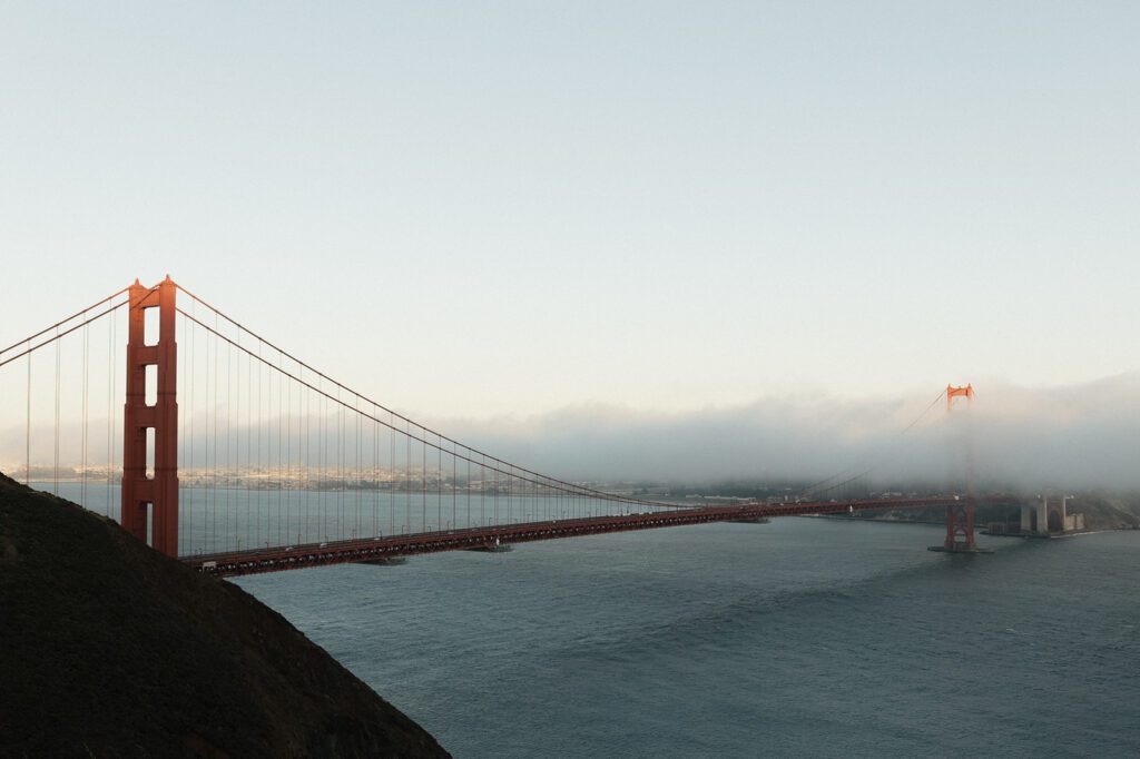 Romantic engagement session near Crissy Field with Golden Gate Bridge
