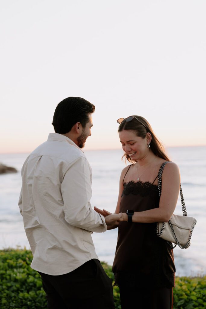 Close-up of Camila’s reaction during her Sunset Cliffs proposal in San Diego
